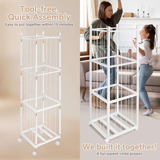 BENCHRY Stuffed Animal Storage Kids, Wood Stuffed Animal Zoo Storage with Brake Wheels, Stuffed Animal Organizer with Elastic Cords for Kids, Perfect for Nursery Playroom Kidroom Bedroom - White