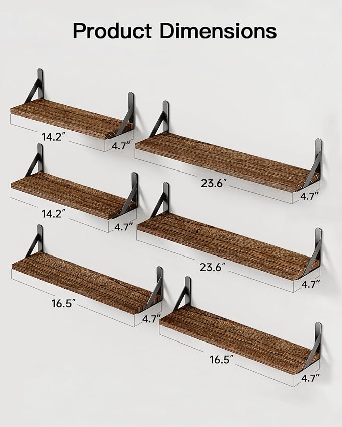 AMADA HOMEFURNISHING Long Wall Shelves, Rustic Farmhouse Style, Wood Floating Shelves for Wall Decor, Bathroom & Bedroom Storage, Living Room Book Shelves, Brown - 6pcs