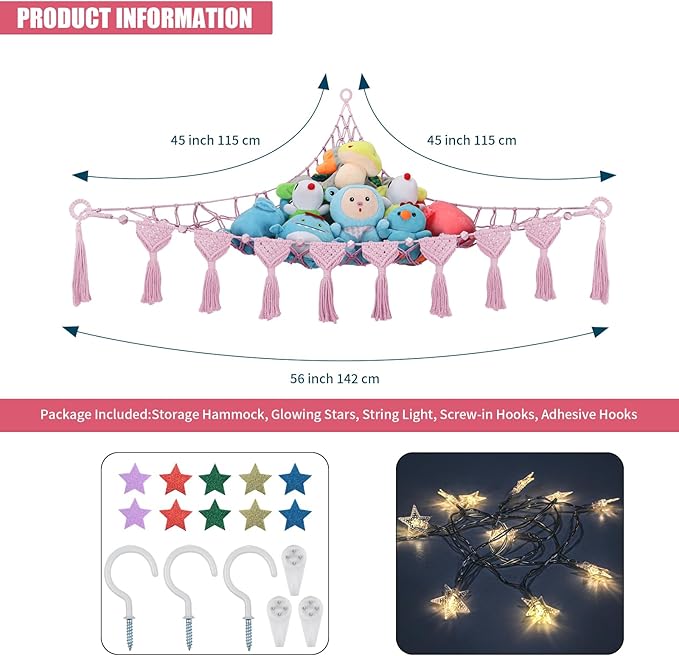 Stuffed Animal Hammock Corner - 56'' Jumbo Handcrafted 5mm Double Macrame Cord Stuffed Animal Net - 100% Natural Cotton Toy Hammock Holder - Pink Stuffy Hammock Plushie Net w/LED Star Light