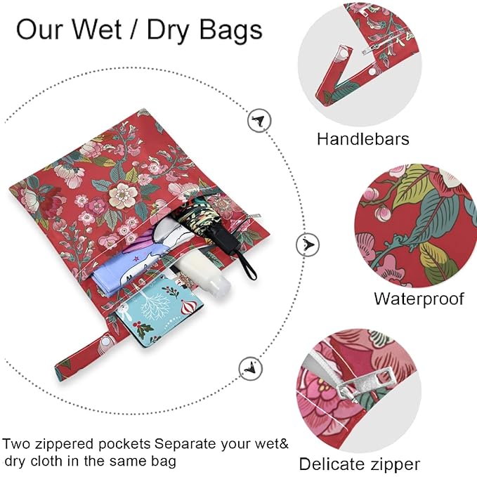 visesunny 2Pcs Wet Bag with Zippered Pockets Retro Style Flower Washable Reusable Roomy for Travel,Beach,Pool,Daycare,Stroller,Diapers,Dirty Gym Clothes, Wet Swimsuits, Toiletries