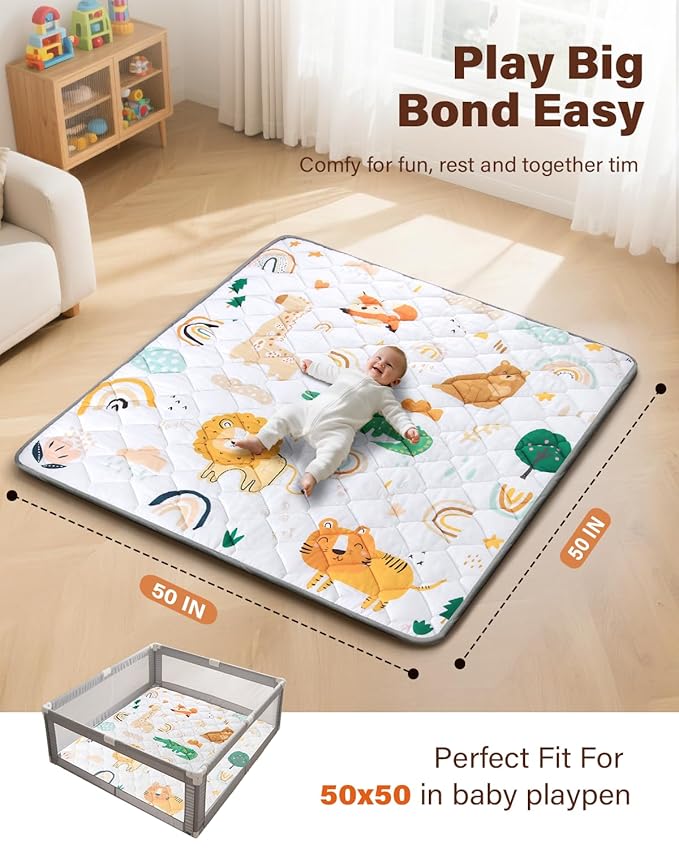 Baby Play Mat, 50x50 Thickened Playpen Mat, Non-Slip Baby Mat for Floor, Foldable Portable Playmat Suitable for Babies Learning to Crawl and for Travel