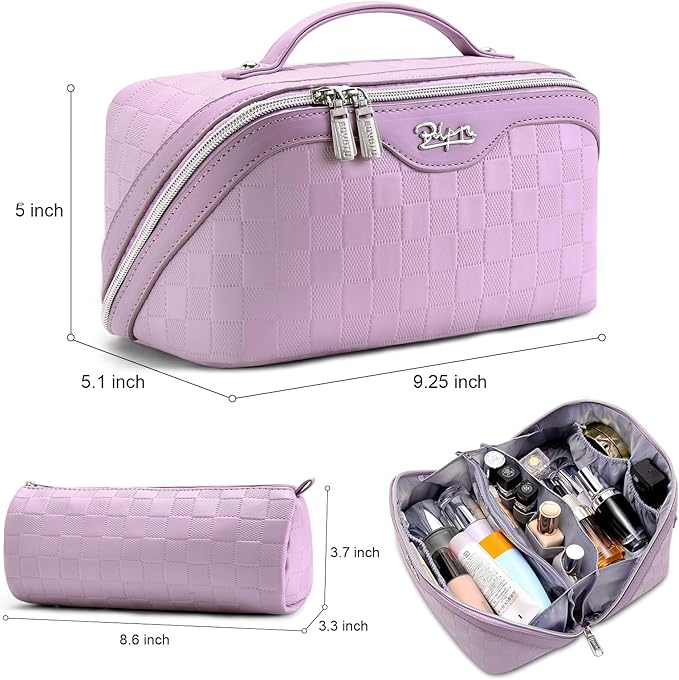 BOYATU Travel Makeup Bag Organizer Cosmetic Bag: 3 Pcs Set Make up Bags for Women with Handle - Waterproof Vegan Leather Toiletry Bags Travel Essentials Pouch with Compartments (01-F-Purple)