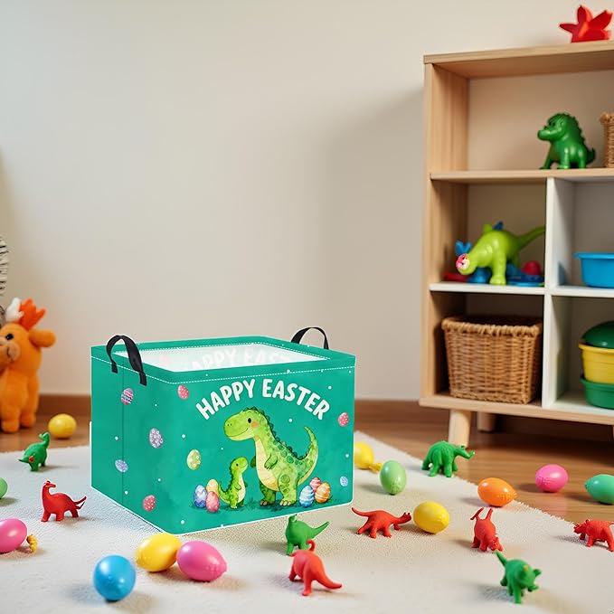 TIBAOLOVER Rectangular Easter Basket Baby Storage Basket with Handles for Home Kitchen Boys and Girls Cute Storage Bin Organizer Shelf Book Room Decor(Green Dinosaur)
