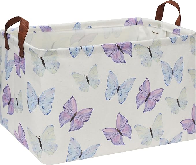 HKEC Rectangle Storage Basket with Handles, Collapsible Toys Bin, Books Box,Gift Basket(Blue & Purple Butterfly)