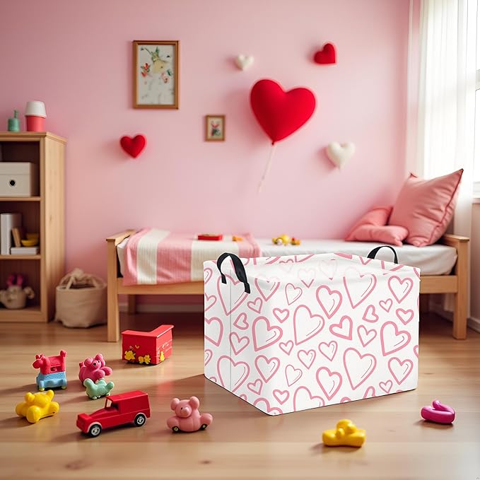 TIBAOLOVER Rectangular Valentines Basket for Home Kitchen Girls Cute Kids Storage Bin Organizer Shelf Book Room Decor(Pink Line Hearts)