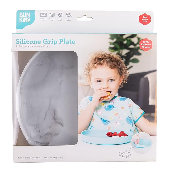 Bumkins Toddler and Baby Suction Plate, Silicone Grip Dish for Babies and Kids, Baby Led Weaning, Children Feeding Supplies, Non Skid Sticky Bottom, Platinum Silicone, Ages 6 Months Up, Marble