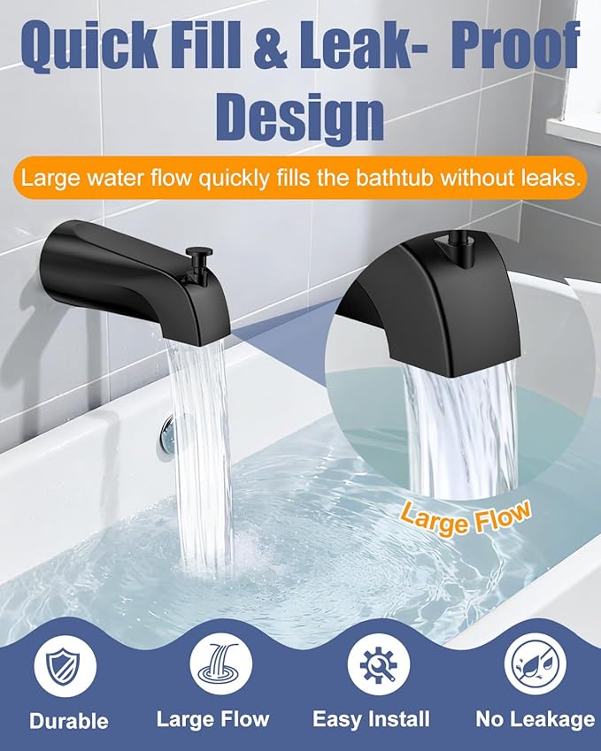 Universal Bathtub Tub Spout with Diverter, Fits 1/2" Slip-Fit Copper Pipe and 1/2" IPS & 3/4" IPS Thread Connections,Bathroom Tub Faucet Replacement with Adapters,PTFE Tape and Hex Wrench(Matte Black)
