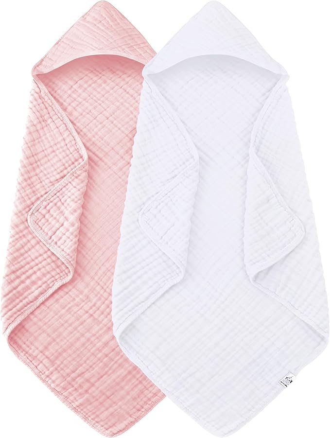 Spotted Play 2 Pack Hooded Baby Towels - 100% Muslin Cotton for Newborns, Infants, Toddlers - Large 32x32Inch Size - Highly Absorbent and Essential for Newborn Care, White and Pink