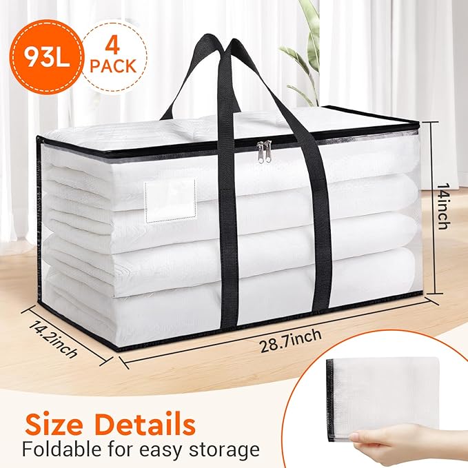 BlissTotes Moving Bags, 93L 4-Pack Storage Bags, Moving Box Heavy Duty Extra Large, Moving Totes with Zipper, Reinforced Handles Boxes for Packaging Moving, Decorative Wreath Storage