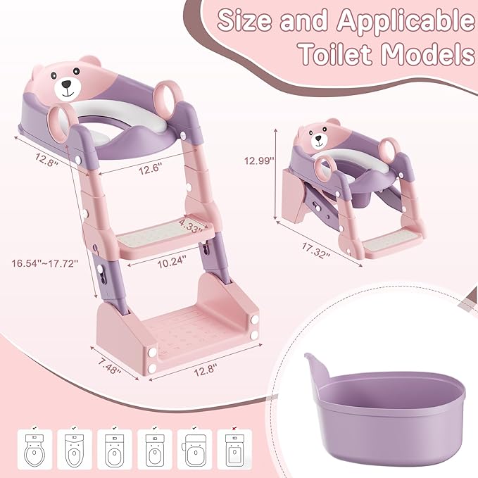 Potty Training Seat, 2-in-1 Toddler Toilet Training Seat & Potty Chair for Kids Boys Girls, Height Adjustable Toilet Seat with Splash Guard, Stable Wide Base Design, Anti-Slip Steps Stool