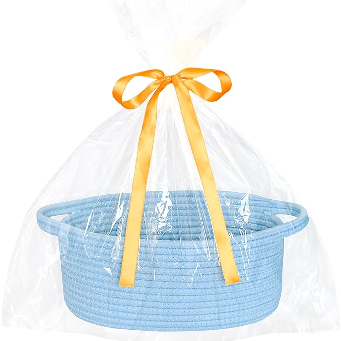 ABenkle Small Basket with Gift Bags and Ribbons, Empty Gift Baskets for Mother's Day, Decorative Boho Rope Woven Nursery Storage Organizer Toy Baskets with Handle for Baby Showers, 12"X 8" X 5"