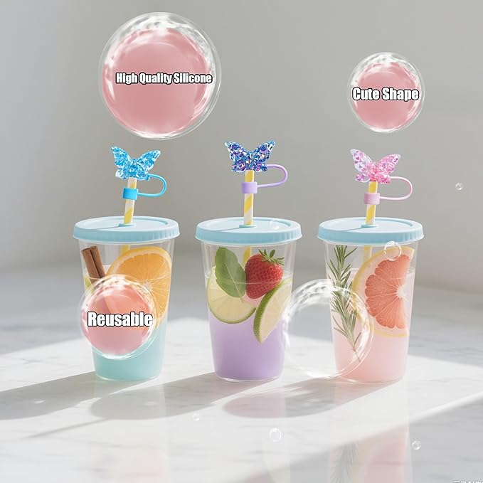 6Pcs 10mm Sparkling Butterfly Straw Cover for Stanley Cup,Dust-Proof Straw Topper for 30&40 oz Tumblers and Water Bottles,Reusable Tumbler Cup Accessories for Stanley，Funny Gifts for Women & Girls