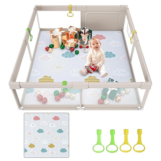 Fodoss Baby Playpen with Mat, 59x59in Playpen for Babies and Toddlers, Kids Play Pen, Extra Large Baby Fence for Infants with Playmates, Toddler Playard