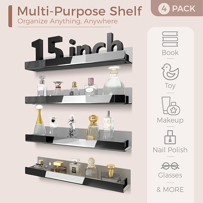 RORKIM 4 Pack 15 Inch Black Reflective Acrylic Shelves, Black Floating Shelves, Modern Sunglasses Essential Oil Picture Ledge Display Toy Storage Shelf