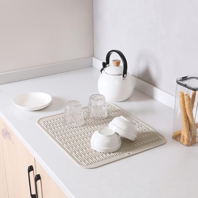 MicoYang Silicone Dish Drying Mat for Multiple Usage,Easy clean,Eco-friendly,Heat-resistant Silicone Mat for Kitchen Counter or Sink,Refrigerator or Drawer Liner Tapioca XL 18 inches x 16 inches