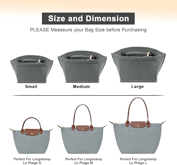 Felt Purse Organizer Insert for Longchamp Le Pliage S Handbag Insert (Light Grey, Small)