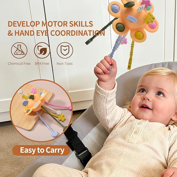 Little Rawr Silicone Baby Sensory Montessori Toys & Pull String Toys for 18 M+, Toddler Birthday Gift Car Seat Airplane Travel Toy for 1 2 Year Old Boy Girl Infant 18 Months Old (Orange)
