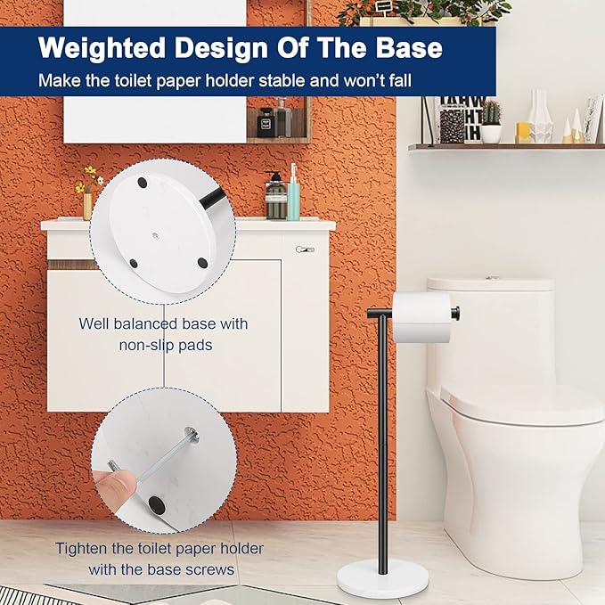 NearMoon Bath Toilet Paper Holder Stand- Modern Tissue Roll Holder Standing with Balanced Base, Rustproof Toilet Roll Holder for Bathroom/Kitchen Countertop (Matte Black, Marble Base)