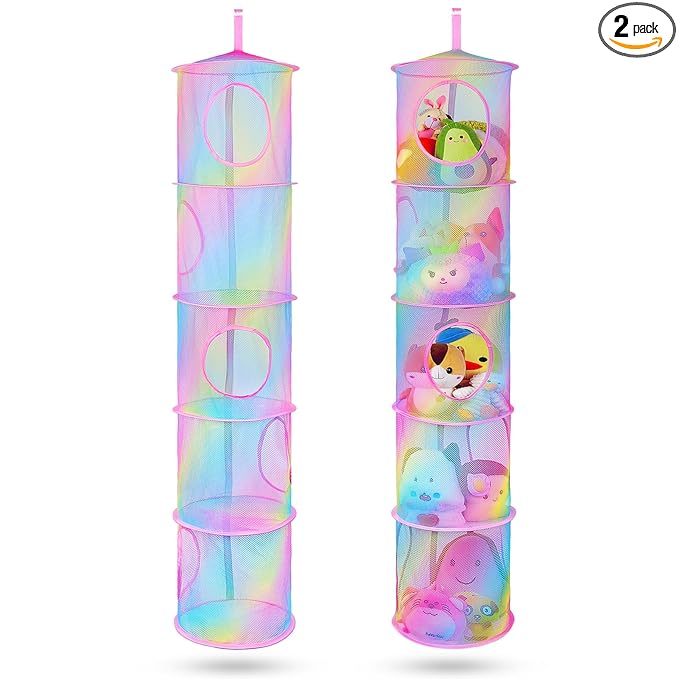 Basumee Stuffed Animals Net or Hammock 2 Pcs Stuffed Animals Storage Toy Net Hammock for Plushies Storage Organizer Mesh Kids Girls Room Decor, Rainbow, 5 Tiers
