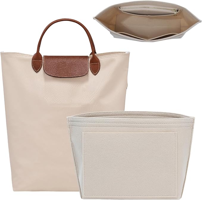 Premium Felt Purse Organizer Insert for Longchamp Le Pliage M Top Handle Tote Bag, Lighweight Long Champ Medium Tote Divider with Zipper Pocket,Bags Storage Shaper with 7 Pockets,SM/Beige