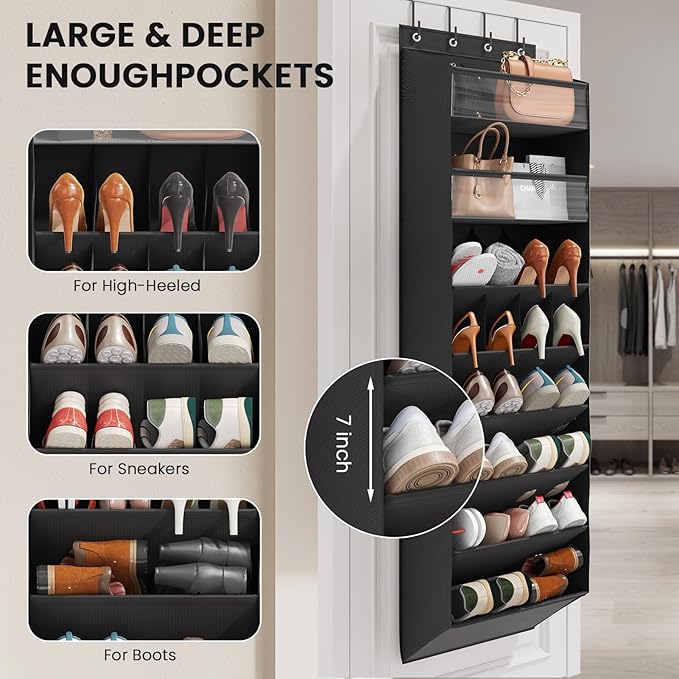 Mefirt 8 Tier Clear Over the Door Shoe Organizer with Deep Pockets, Door Shoes Rack with hard Cardboard and Tubes to Keep the Shape, Hanging Shoe Rack for Closet Organizers, Shoe Holder Black