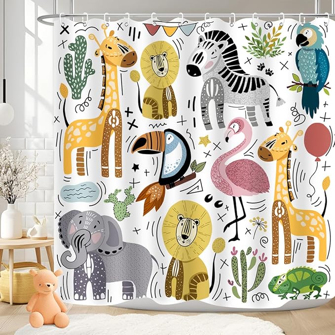 Cute Animal Shower Curtain Wildlife Lion Zebra Elephant Chameleon Flamingo Giraffe Home Bathroom Decor Waterproof Fabric 72Lx72W Inch with Plastic 12PCS Hooks