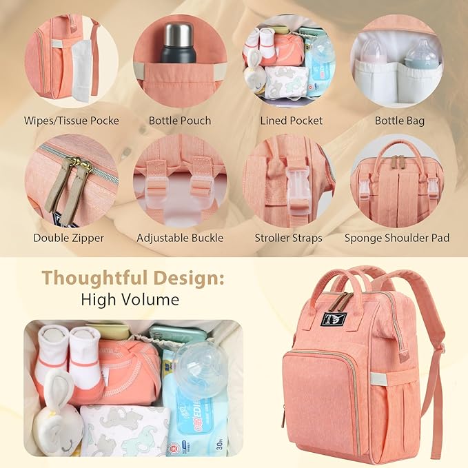 Packino Diaper Bag Backpack for Women - Multifunction Travel Essentials Baby Diaper Bag with Changing Pad, Large Backpack Baby Girl Boy, Insulated Bottle Holders & Stroller Straps (Pink+Orange)
