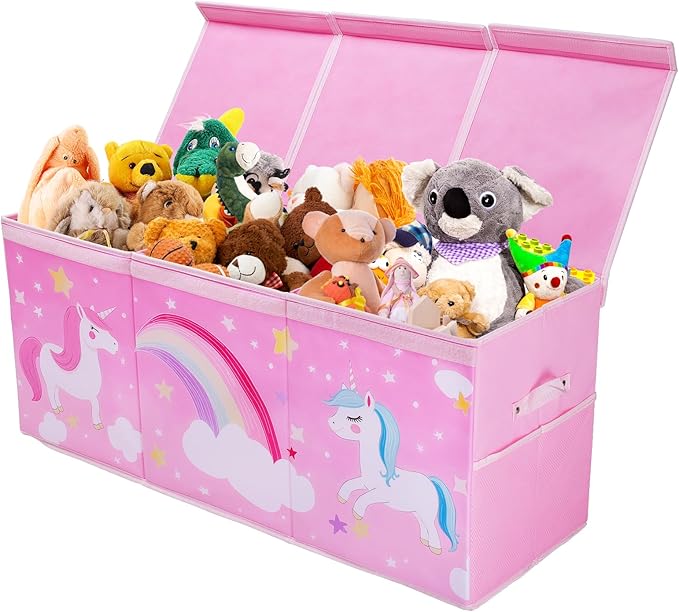 decalsweet Unicorn Extra Large Toy Box Chest with Flip Lid for Kids, Collapsible Oxford Toy Storage Box with Handles Mesh Pockets, Sturdy Waterproof Toy Box for Bedroom Playroom, 37.7×12.5×15.7 Inch