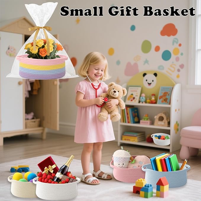 Small Woven Rope Basket-Empty Gifts Basket with Bag and Ribbons,Cute Handle Organizer Box for Birthday/Baby Shower, Toy Storage, Nursery Organizing & Shelf Decor(Rainbow Pastel)