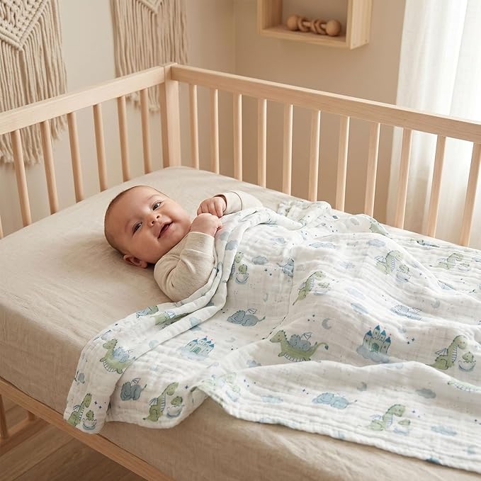 4-Pack Muslin Swaddle Blankets for Newborns | 100% Cotton Breathable Soft, Large 31.5"x43.3" | Multi-Use Stroller Sunshade Nursing Cover & Receiving Blanket, Blue Dinosaur