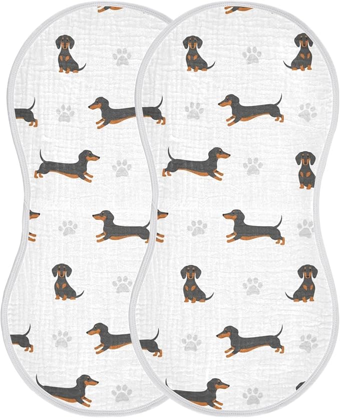 Qinllo 2 Pack Muslin Burp Cloths Dachshund Dogs White Cotton Baby Burp Cloths Ultra Absorbent and Soft Burping Cloth for Newborn Babies Boys Girls 22x11 Inch