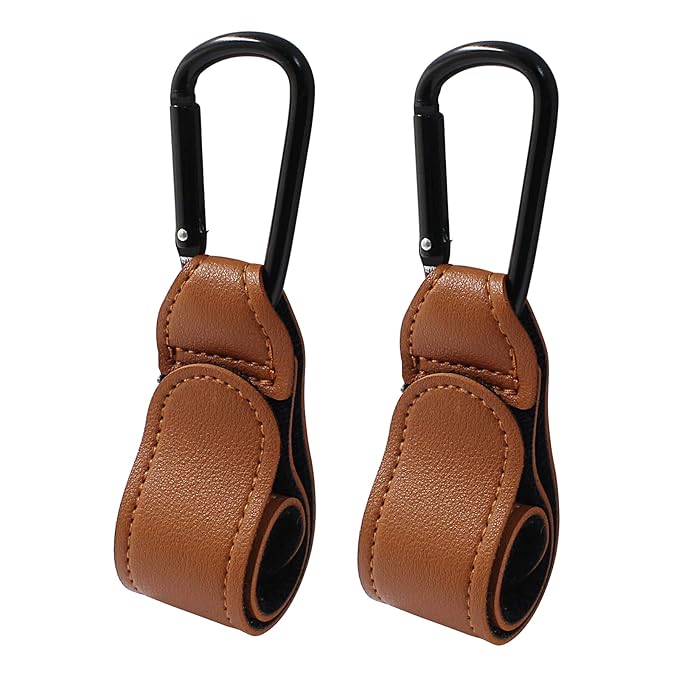 2 Pcs Stroller Hooks for Diaper Bag - Durable Leather Stroller Straps Diaper Bag Hooks - Stroller Clips for Stroller Wheelchair Shopping Carts - Brown