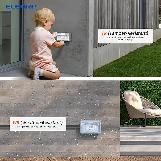 ELEGRP Outdoor GFCI Outlet Kit, with Weatherproof Cover and Box, 1 Gang, 15 Amp TRWR Self-Test GFI Receptacle, Horizontal Outdoor Cover, Extra Duty Metallic Electrical Outlet Box, UL Listed, 1 Pack