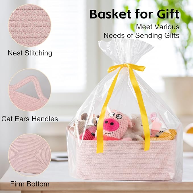 OIAHOMY Woven Basket, Gift Basket Empty with Gift Bags and Ribbons, Rope Baskets for Baby Showers, Storage Baskets with Handles for Nursery, Pet Toy Organizer - Mixed Pink