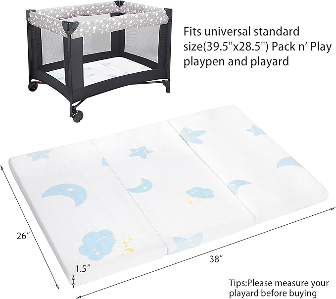 Pack and Play Mattress Pad, Trifold Portable Crib Pack N Play Mattresses, 38 * 26" Inch Jacquard Playpen Mattress for Travel Soft Breathable Play Yard Mattress with Washable Cover (Moon/Star-Trifold)