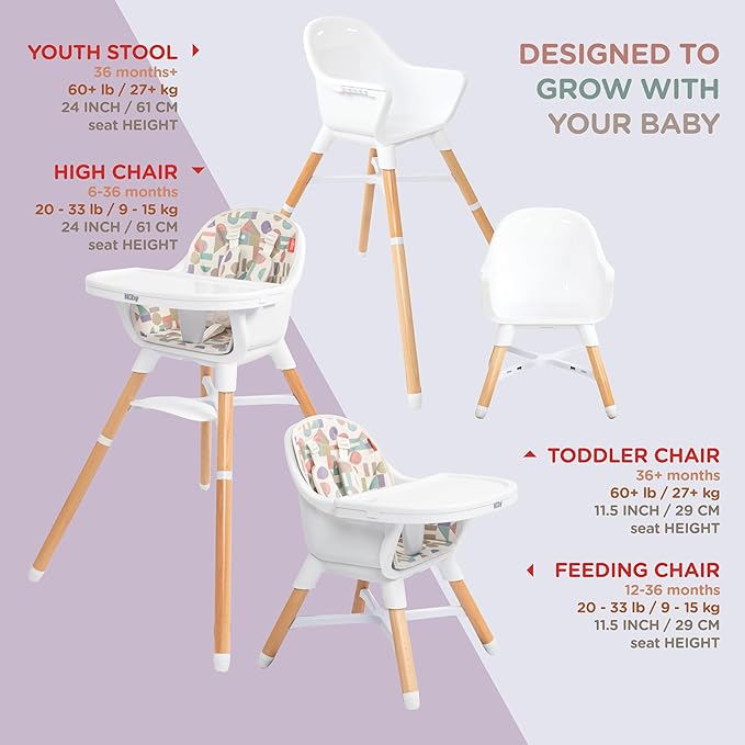 Nuby 4-in-1 Baby High Chair Seat with Removable Tray - 6+ Months to 3 Years - Adjustable Toddler Chair for Eating - Holds Up to 60 lbs - Geometric