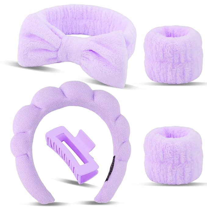 Canitor Spa Headband Wrist Bands Set with Hair Clips Skincare Washing Face Skin Care Puffy Makeup Preppy Teen Girl Gifts Cute Trendy Stuff Fashion Hair Accessories for Women (purple)
