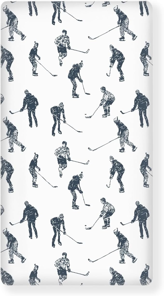 Ice Hockey Fitted Crib Sheet for Boys Girls Sports Event Hockey Player Baby Sheet for Standard Crib and Toddler Winter Sport Nursery Bed Mattress Sheets 28"x52"