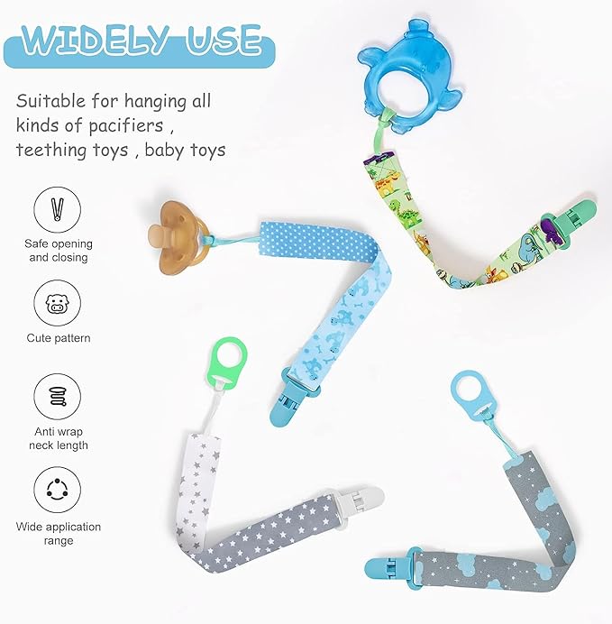 4 Pcs Baby Dummy Strap Clip, Pacifier Clip Dummy Holder Straps with 4 Silicone Adapter, Soother Chains Clips Fit All, Soothers, Teething Toys, Baby Essentials