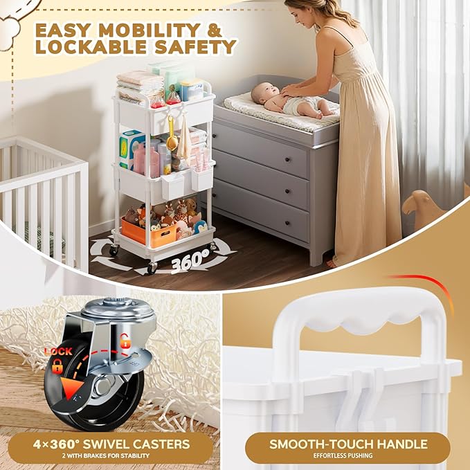 Goovilla Diaper Cart with Lockable Wheels and Easy Assembly, 3 Tier White Rolling Cart for Baby Nursery Storage, Sturdy Ample Diaper Caddy Organizer for Baby Girl, Boy, New Mom, Newborn Essentials