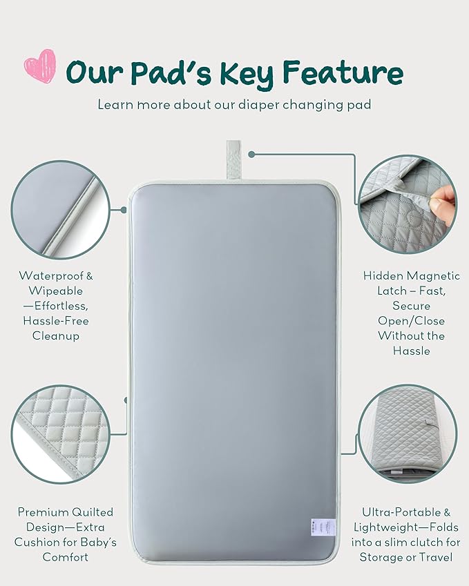 Lily Miles Baby Changing Pad Portable, Diaper Changing Mat with Magnetic Latches, Travel Pad for Diaper Bag, Baby Essentials, Wipeable & Waterproof Mat (Heather Gray, Regular)