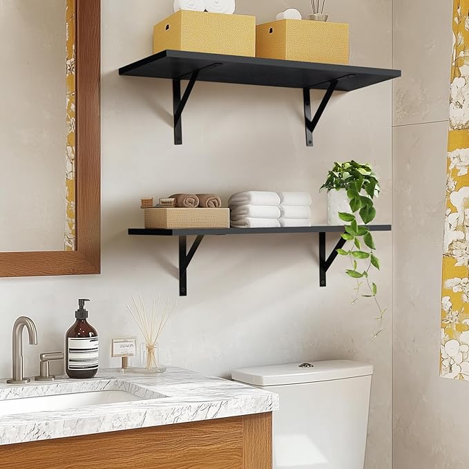Heavy Duty Long Wall Shelves Set of 2, Floating Shelves Wall Mounted with Industrial Brackets, 40lbs Capacity Shelves for Laundry Room, Kitchen, Bathroom, Living Room (24"*8",Black)