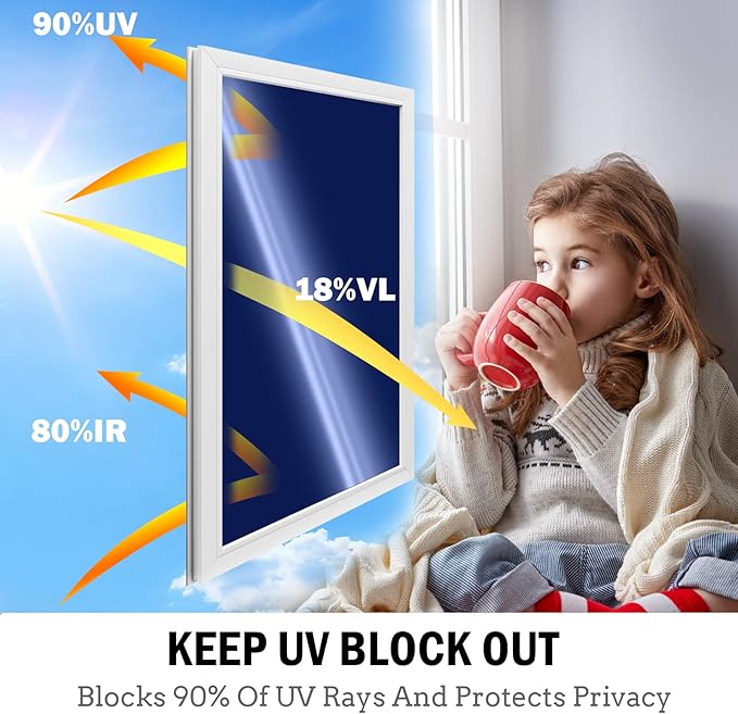 Niviy One Way Window Film Daytime Privacy Mirror Effect Reflective Window Tint for Home Self Adhesive UV Sun Blocking Heat Control Glass Door Films 17.5 x 78.7 inches Blue Silver