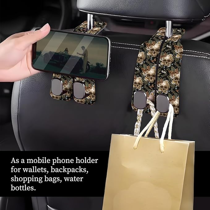 NUGGHU Car Seat Headrest Hook, Universal Leather Cute Hanger Holder Hook, Storage Organizer Interior Accessories for Purse Bags Handbag Cute Retro Flower Skulls