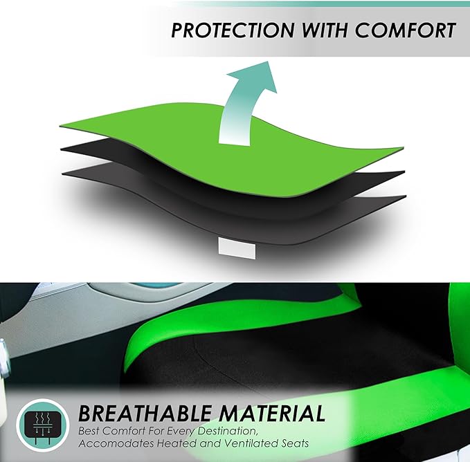 Automotive Seat Covers Green Universal Fit Combo Set with Steering Wheel Cover and Seat Belt Pad fits most Cars, SUVs, and Trucks (Airbag Compatible and Split Bench) FH Group FB030GREEN-COMBO