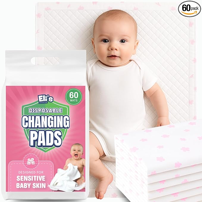 Eli with Love Disposable Baby Changing Pads - Soft, Waterproof & Leakproof Liners Absorbent Underpads - Large Travel Size Diaper Changing Mat for Home, Car, Diaper Bag - (60 Pack, Floral)