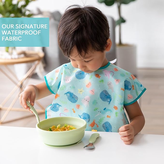 Bumkins Short Sleeve Bib for Girl or Boy, Toddler and Kids for 1-3 Years, Large Size, Essential Must Have for Junior Children, Eating, Mess Saving Soft Fabric Apron for Play, Ocean Life Blue
