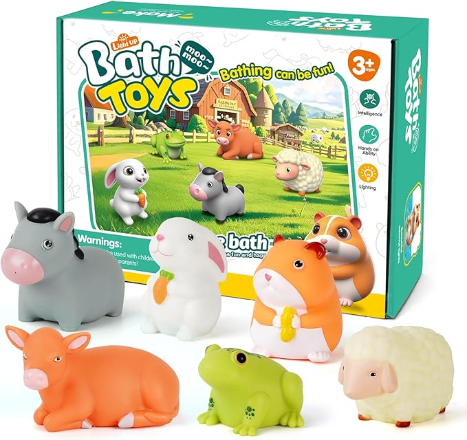 VIBOYLAR Bath Toys for Toddlers 1-3: 6 PCS Light-Up Farm Animal Bath Toy Set, Baby Bath Toys, Bathtub Pool Bath Toy for Kids, Christmas Birthday Gifts for Boys & Girls Ages 1 2 3+ Years Old