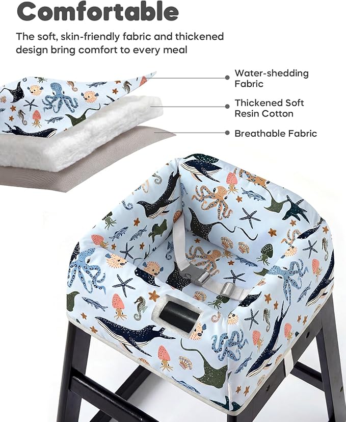 Mamatepe Baby High Chair Cover with Strap Pads & 2-Point Harness - Machine Washable, Waterproof, Portable for Restaurant/Travel/Home - Fits Wooden High Chairs, Blue Ocean