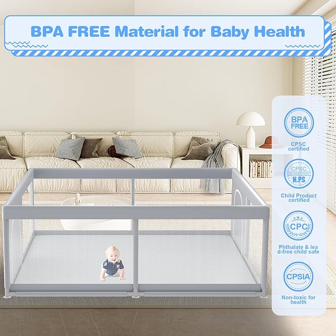 Baby Playpen, 79 x 79 Inch Play Pen, Playpen for Babies and Toddlers, Baby Playard for Indoor & Outdoor Active Center Game Fence, with Skin-Friendly Fabric and Soft Breathable Mesh Grey